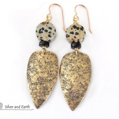 Gold Brass Tribal Shield Earrings with Dalmatian Jasper Stones