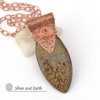 Copper Necklace with Brown Bronzite Stone - Earthy Natural Rustic Jewelry