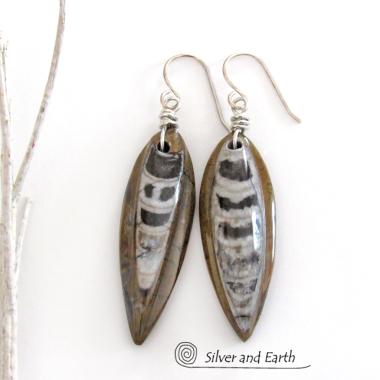 Orthoceras Fossil Earrings with Sterling Silver - Natural Ancient Fossil Jewelry