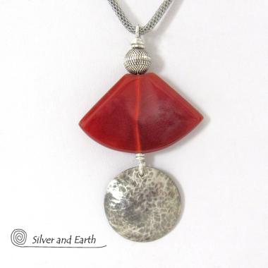 Hammered Sterling Silver & Carnelian Necklace - Unique Natural Stone Jewelry