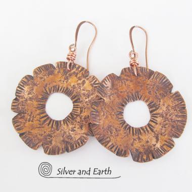 Big Bold Copper Earrings with Hammered Texture - Edgy Modern Metal Jewelry