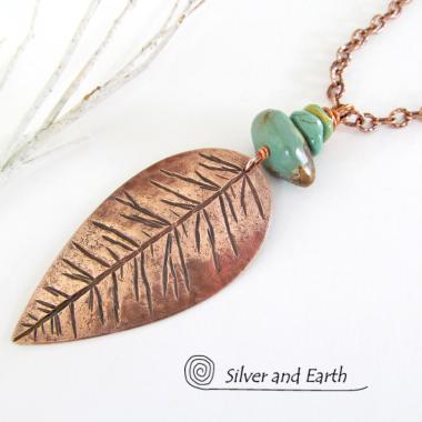Copper Feather Necklace with Natural Turquoise - Handcrafted Southwest Jewelry
