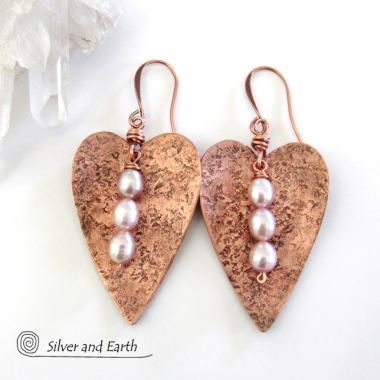 Copper Heart Earrings with Pearls - 7th Wedding Anniversary Gifts for Women