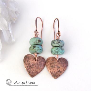 Copper Heart Earrings with African Turquoise Stones - Romantic Gifts for Her