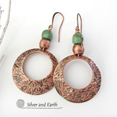 Turquoise and Copper Hoop Dangle Earrings - Earthy Modern Jewelry