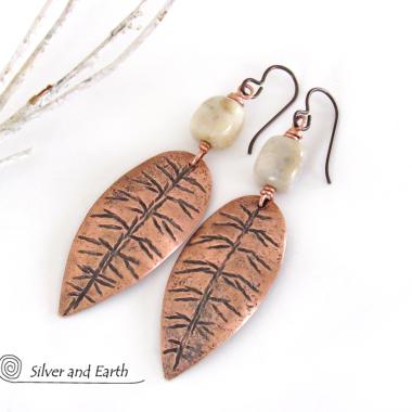 Copper Leaf Earrings with Agate Stones - Earthy Nature Jewelry