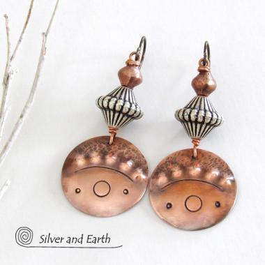 Tribal Copper Earrings with Mixed Metal Beads - Boho Chic Jewelry