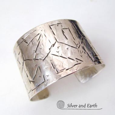 Textured Wide Sterling Silver Cuff Bracelet - Handcrafted Silver Jewelry