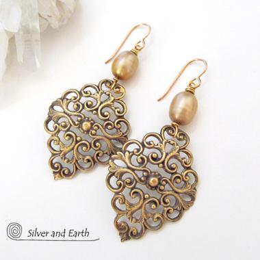 Brass Filigree Earrings with Gold Pearls - Ornate Filigree Jewelry