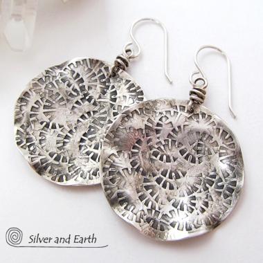 Round Textured Sterling Silver Earrings - Handmade Modern Silver Jewelry