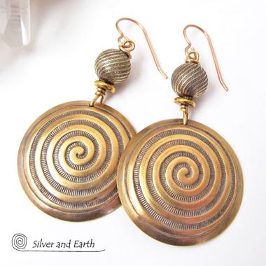 Gold Brass Earrings with Spiral Pattern - Spiral Symbol of Life Jewelry