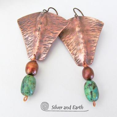 Copper Earrings with African Turquoise & Pearls - Hand Forged Metal Jewelry