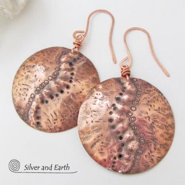 Large Hammered Copper Dangle Earrings with Rustic Tribal Texture