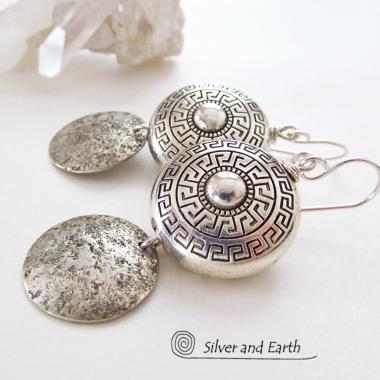 Sterling Silver Earrings Dangle Earrings with Greek Key Motif - Exotic Jewelry