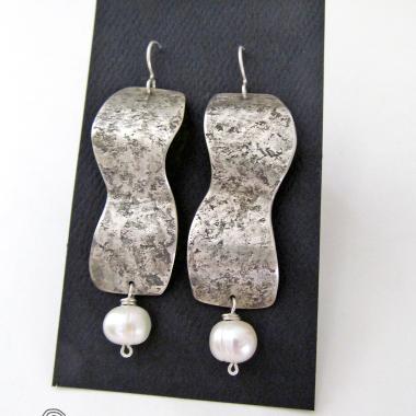 Modern Contemporary Sterling Silver Earrings with Dangling White Pearls