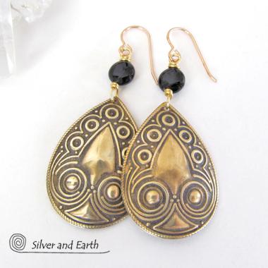 Embossed Gold Brass Teardrop Dangle Earrings with Black Onyx Stones