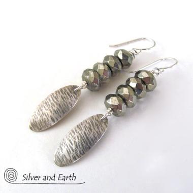 Slender Sterling Silver Dangle Earrings with Faceted Gray Pyrite Gemstones