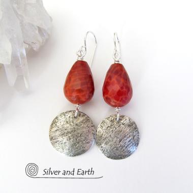 Sterling Silver Dangle Earrings with Faceted Fire Agate Gemstones