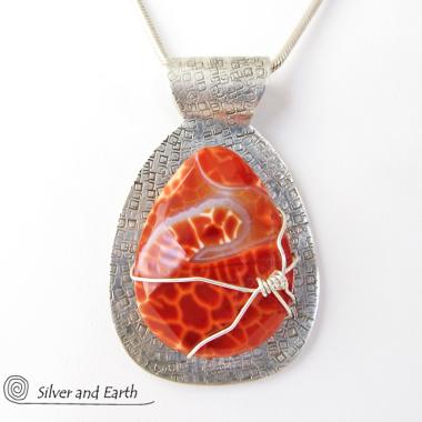 Sterling Silver Necklace with Fire Agate Gemstone - Faceted Gemstone Jewelry