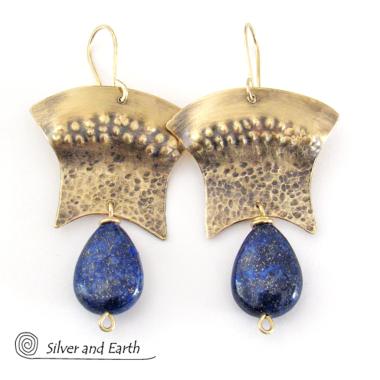 Gold Brass Egyptian Earrings with Lapis Lazuli Gemstones - Bold Exotic Jewelry