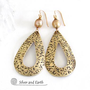 Large Gold Brass Hoop Earrings with Gold Pearls - Big Bold Statement Jewelry