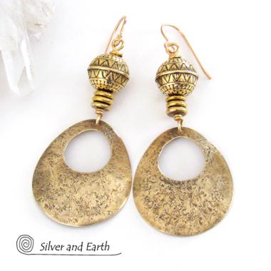 Gold Brass Hoop Earrings with Tribal Beads - Modern Chic Jewelry