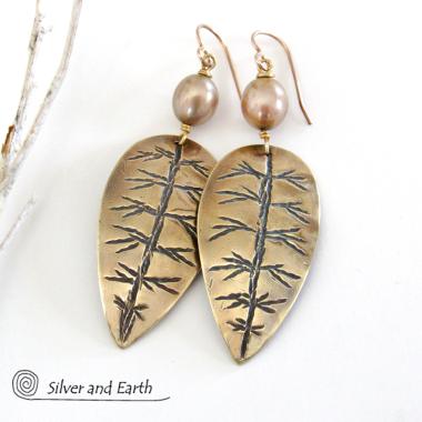 Gold Brass Leaf Earrings with Gold Pearls - Elegant Nature Inspired Jewelry