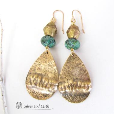 Gold Brass Tribal Earrings with Chrysocolla Stones and African Brass Beads