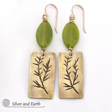 Gold Brass Earrings with Twig Design & Green Serpentine Stones - Nature Jewelry