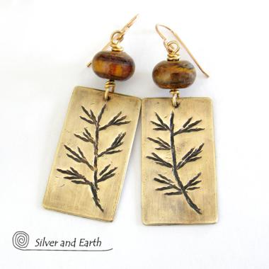 Gold Brass Earrings with Twig Design & Tiger's Eye Stones - Nature Jewelry