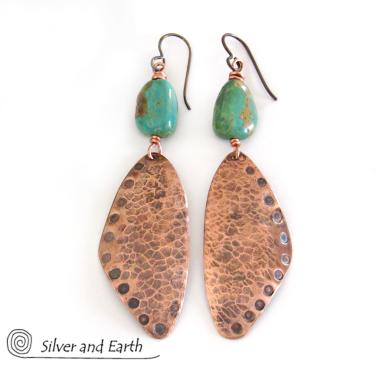 Long Hammered Copper Dangle Earrings with Natural Turquoise Stones