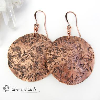 Large Hammered Copper Moon Earrings - Organic Earthy Jewelry