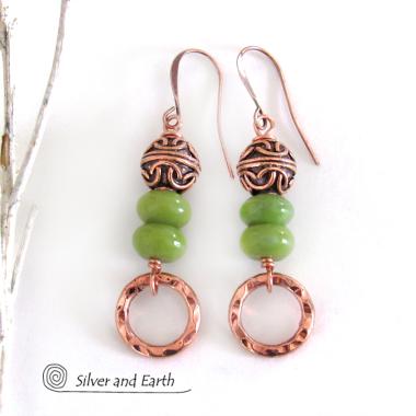 Hammered Copper Dangle Earrings with Green Serpentine Stones & Filigree Beads