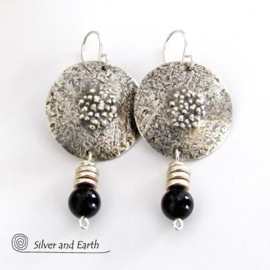 Textured Sterling Silver Earrings with Black Onyx - Chic Modern Stylish Jewelry