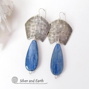 Sterling Silver Tribal Earrings with Dangling Blue Kyanite Gemstones