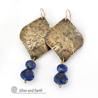 Gold Brass Earrings with Lapis Lazuli Gemstones - Bold Exotic Moroccan Jewelry