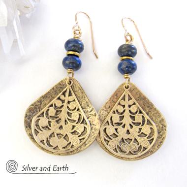Gold Brass Filigree Earrings with Lapis Lazuli Gemstones - Bold Exotic Jewelry