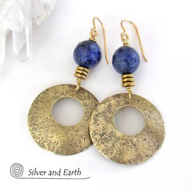 Gold Brass Hoop Earrings with Blue Lapis Gemstones - Modern Chic Jewelry