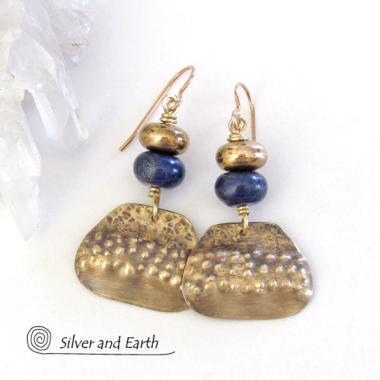 Gold Brass Dangle Earrings with Blue Lapis Stones - Unique Boho Chic Jewelry