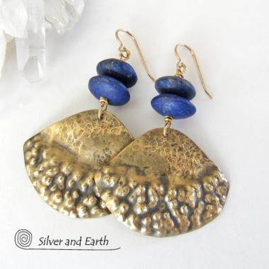 Gold Brass Earrings with Lapis Lazuli Gemstones - Boho Chic Tribal Jewelry