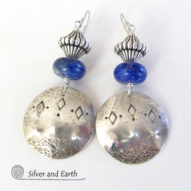 Sterling Silver Tribal Earrings with Blue Lapis Gemstones - Bold Exotic Jewelry