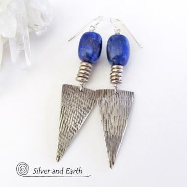 Blue Lapis Sterling Silver Earrings- Bold Edgy Modern Silver Jewelry