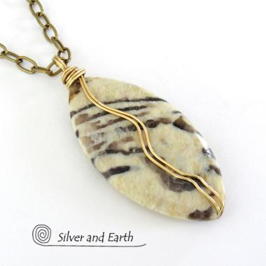 Graphic Feldspar Necklace on Brass Chain - Wire Wrapped Natural Stone Jewelry