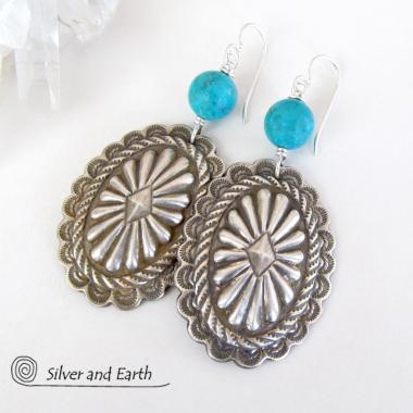 Big Sterling Silver Concho Earrings with Turquoise - Santa Fe Style Jewelry