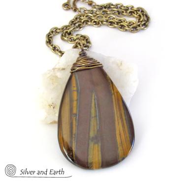 Large Tiger's Eye Gemstone Pendant Necklace- Earthy Natural Stone Jewelry