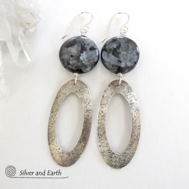 Larvikite Sterling Silver Hoop Dangle Earrings - Norwegian Moonstone Jewelry