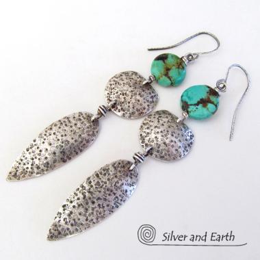 Long Sterling Silver Earrings with Turquoise - Bold Statement Jewelry