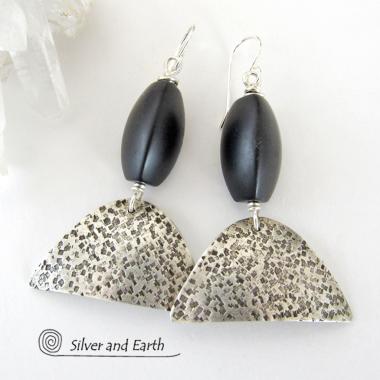 Textured Sterling Silver Earrings with Black Onyx - Contemporary Modern Jewelry