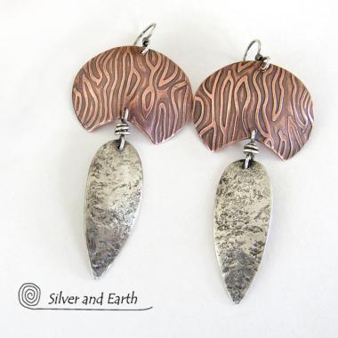 Mixed Metal Sterling Silver & Copper Earrings - Contemporary Modern Jewelry