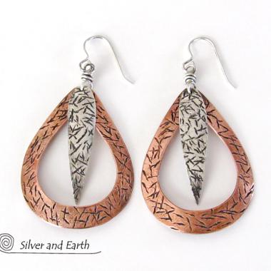 Sterling Silver & Copper Mixed Metal Hoop Earrings - Modern Contemporary Jewelry